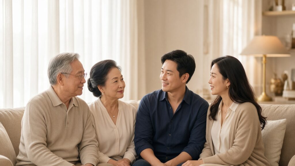 Three generations of a family talking together at home
